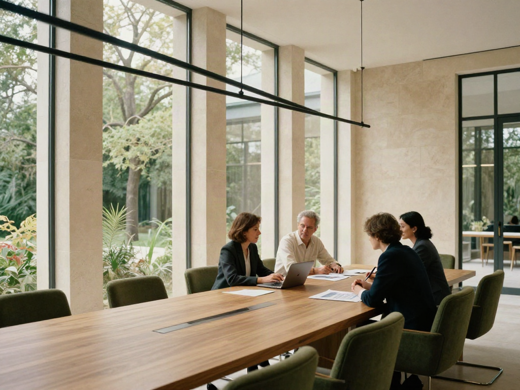 Business strategists discussing priorities around an oak table in a bright, modern meeting room